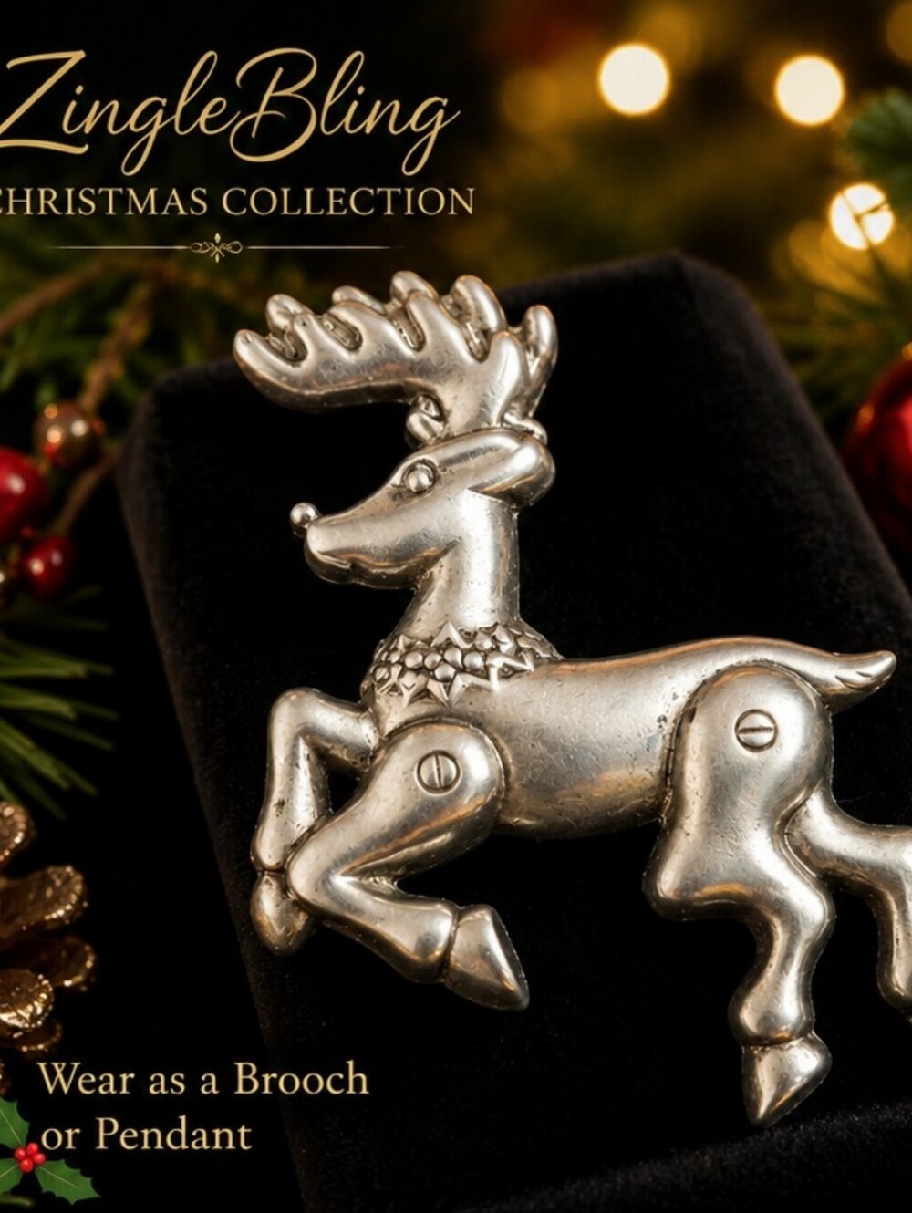 Vintage Silver Tone Reindeer Brooch Pendant Convertible Christmas Holiday Pin